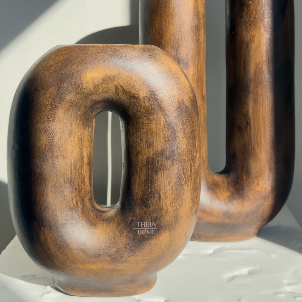 Seramik Ahşap Görünümlü Boşluklu 2'li Vazo Seti