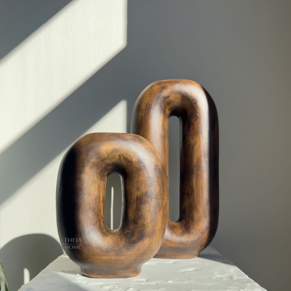 Seramik Ahşap Görünümlü Boşluklu 2'li Vazo Seti