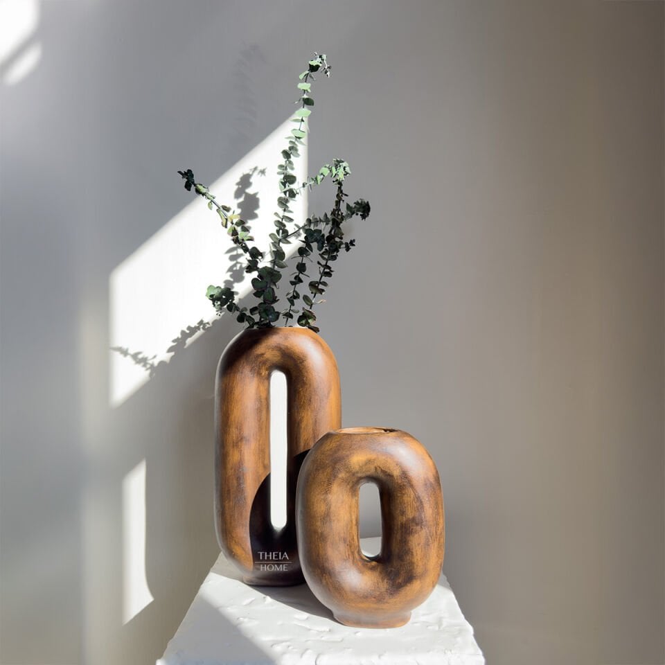 Seramik Ahşap Görünümlü Boşluklu 2'li Vazo Seti