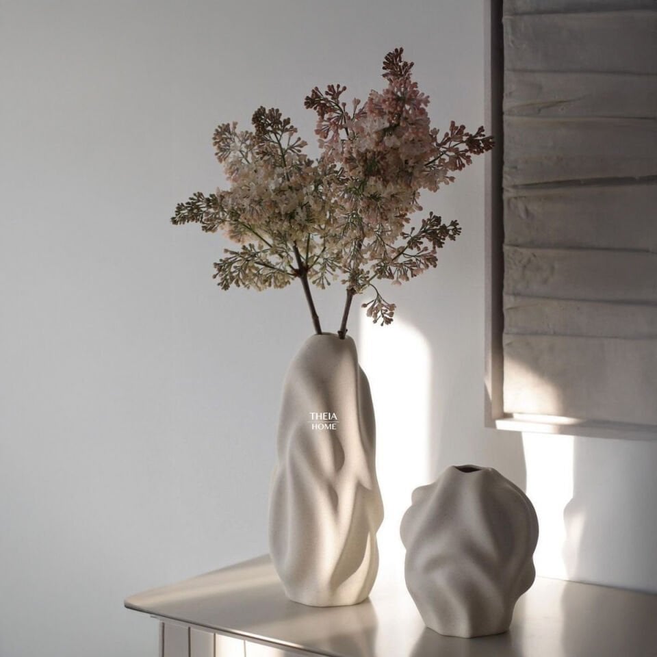 Seramik Dalga Formlu 2'li Vazo Seti Bej Renk