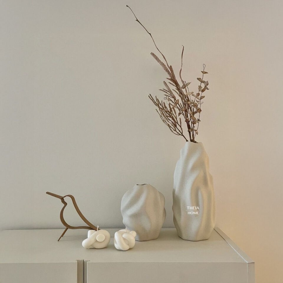 Seramik Dalga Formlu 2'li Vazo Seti Bej Renk