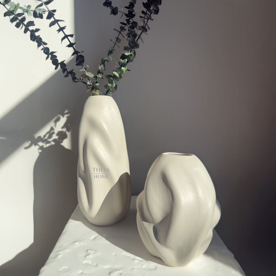 Seramik Dalga Formlu 2'li Vazo Seti Bej Renk