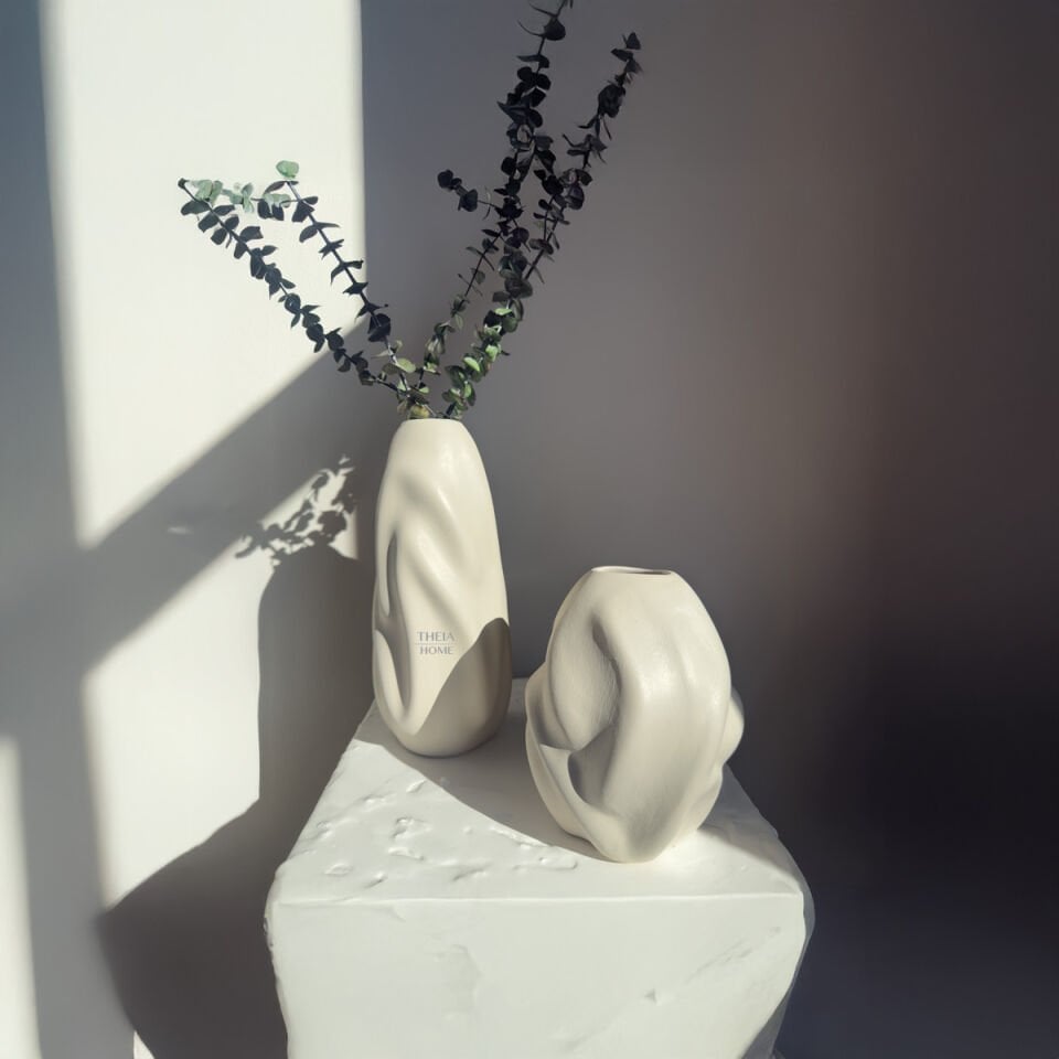 Seramik Dalga Formlu 2'li Vazo Seti Bej Renk