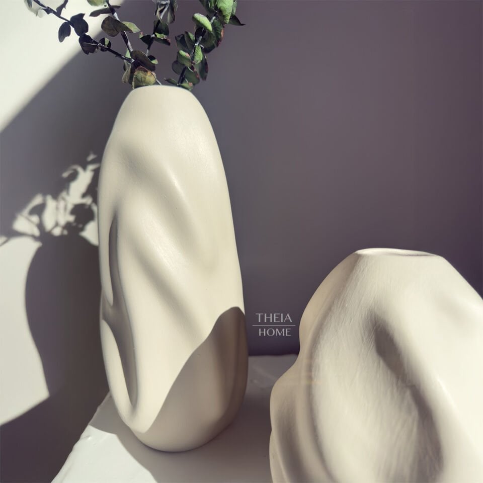 Seramik Dalga Formlu 2'li Vazo Seti Bej Renk