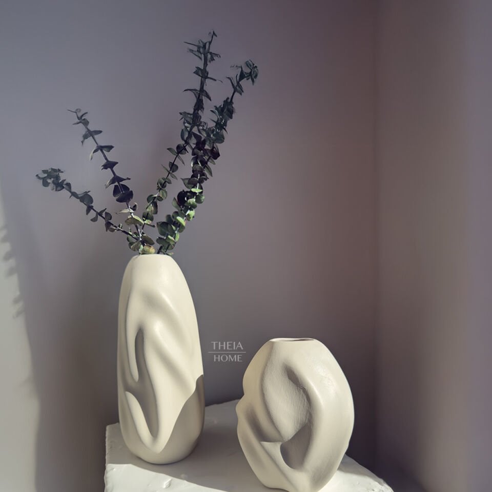 Seramik Dalga Formlu 2'li Vazo Seti Bej Renk