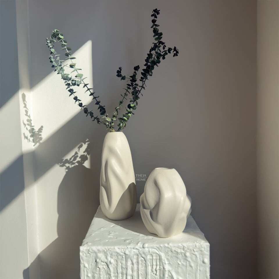 Seramik Dalga Formlu 2'li Vazo Seti Bej Renk