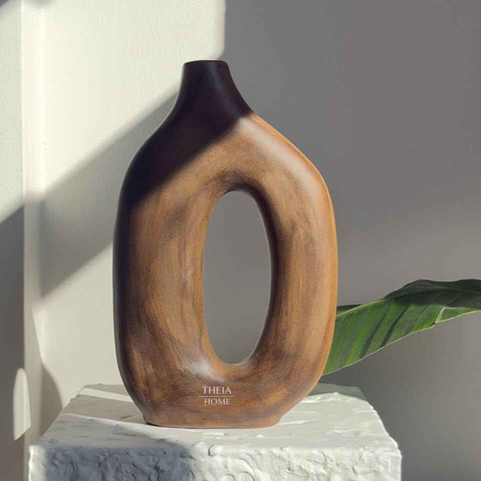 Seramik Ahşap Görünümlü Modern Oval Geçit Vazo