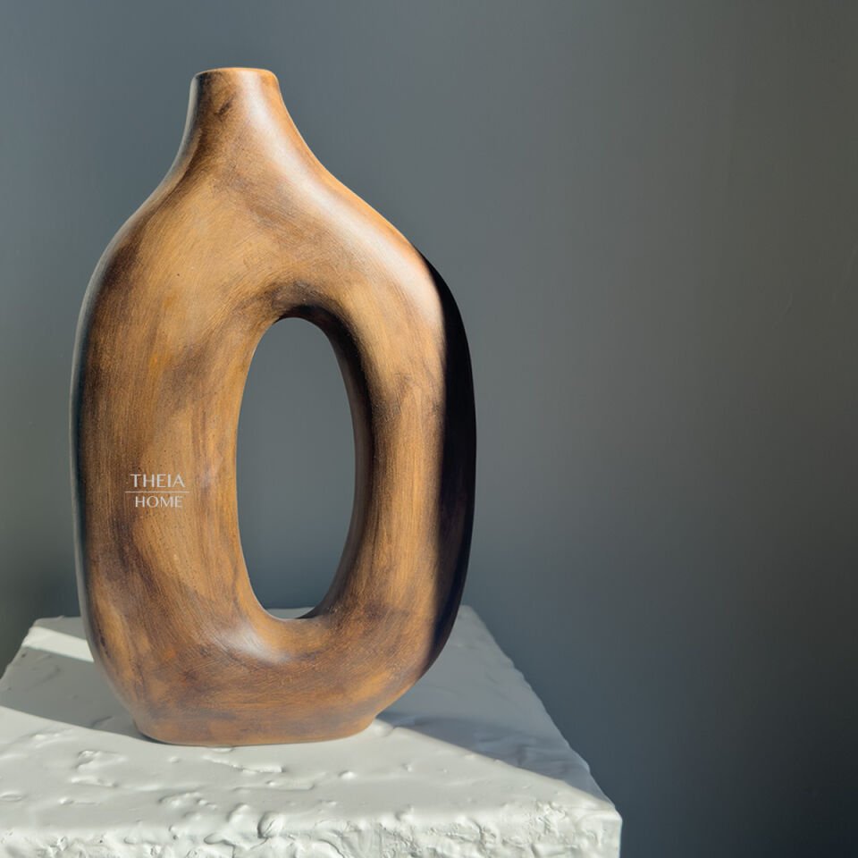 Seramik Ahşap Görünümlü Modern Oval Geçit Vazo