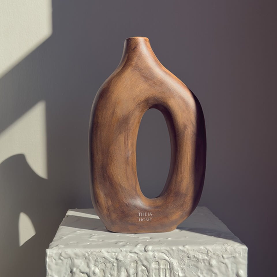 Seramik Ahşap Görünümlü Modern Oval Geçit Vazo