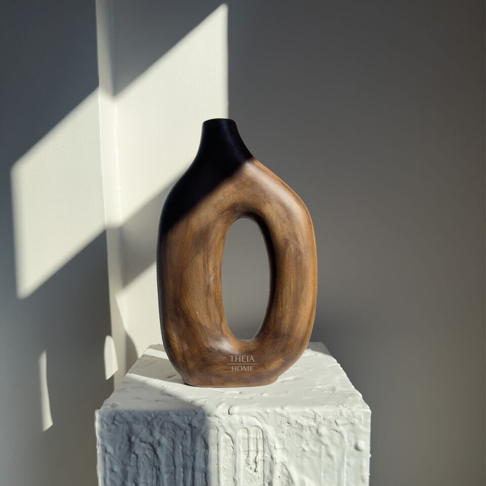 Seramik Ahşap Görünümlü Modern Oval Geçit Vazo