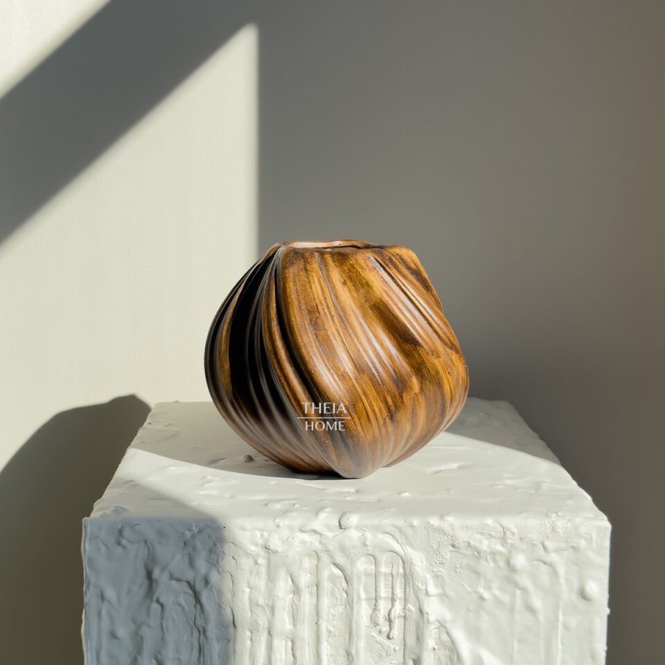 Seramik Ahşap Görünümlü Burgulu Vazo