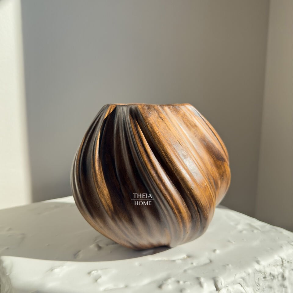 Seramik Ahşap Görünümlü Burgulu Vazo