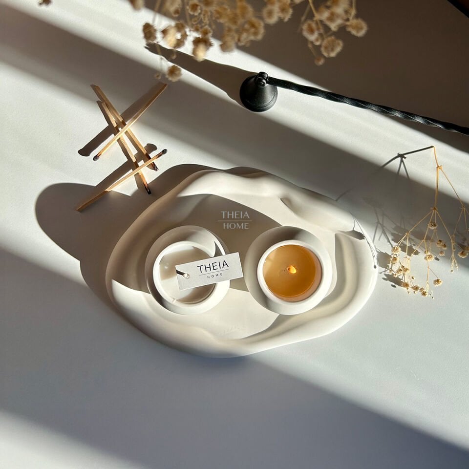 3’lü Bulut Dekoratif Tabak ve Mum Seti