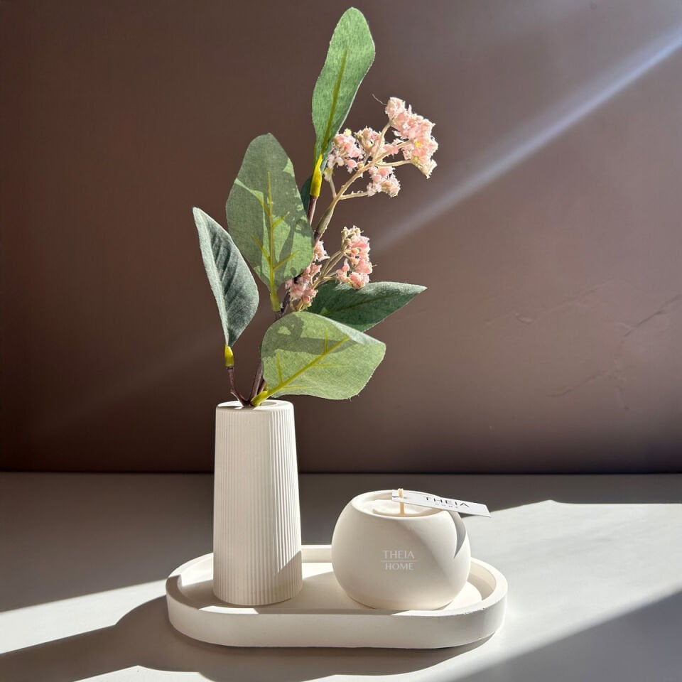 3’lü Dekoratif Set – Oval Tabak, Vazo ve Soya Mum