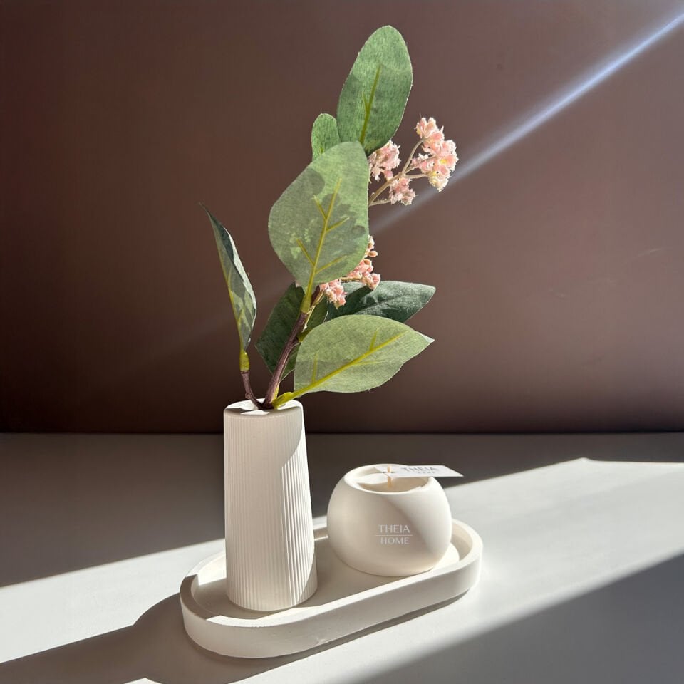 3’lü Dekoratif Set – Oval Tabak, Vazo ve Soya Mum