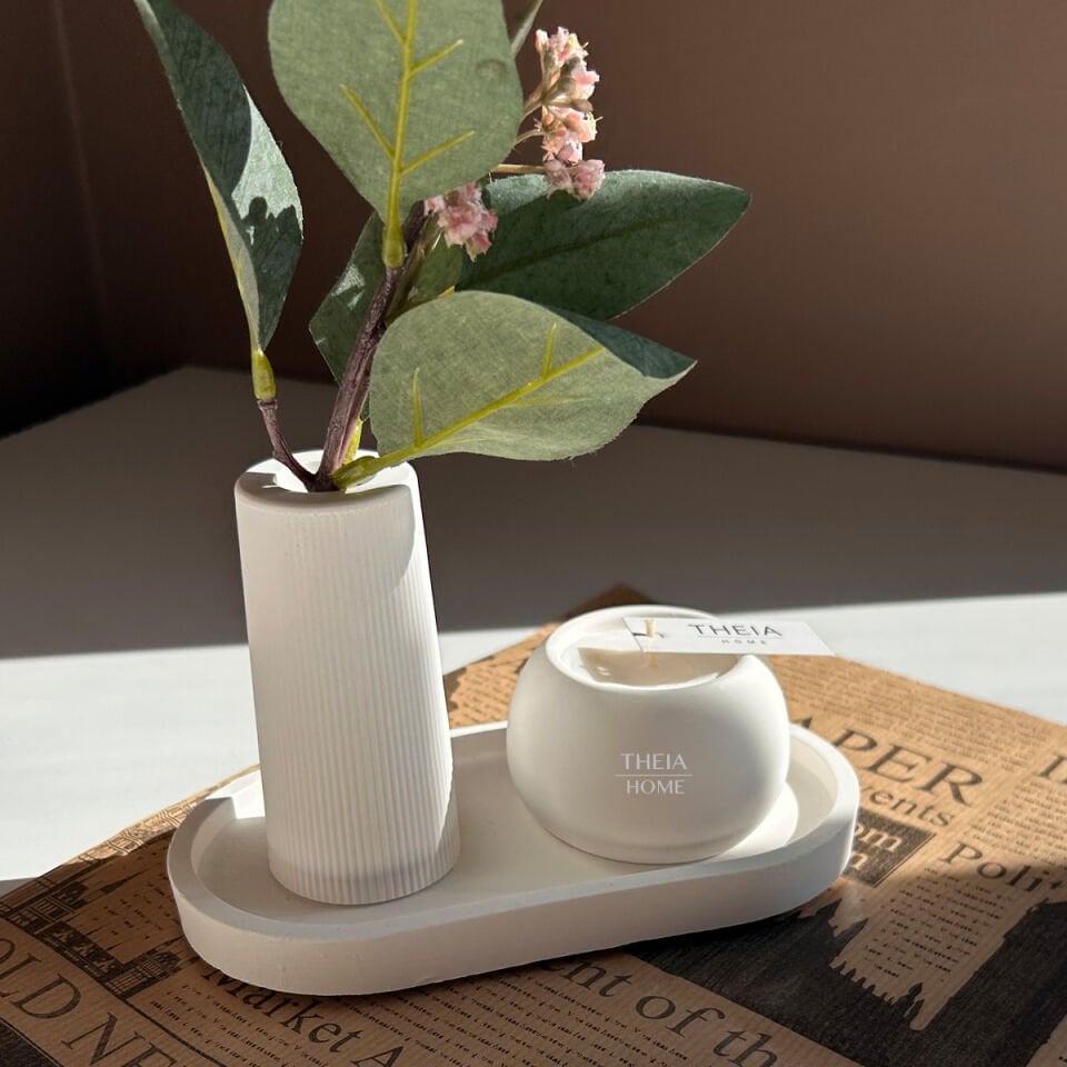3’lü Dekoratif Set – Oval Tabak, Vazo ve Soya Mum