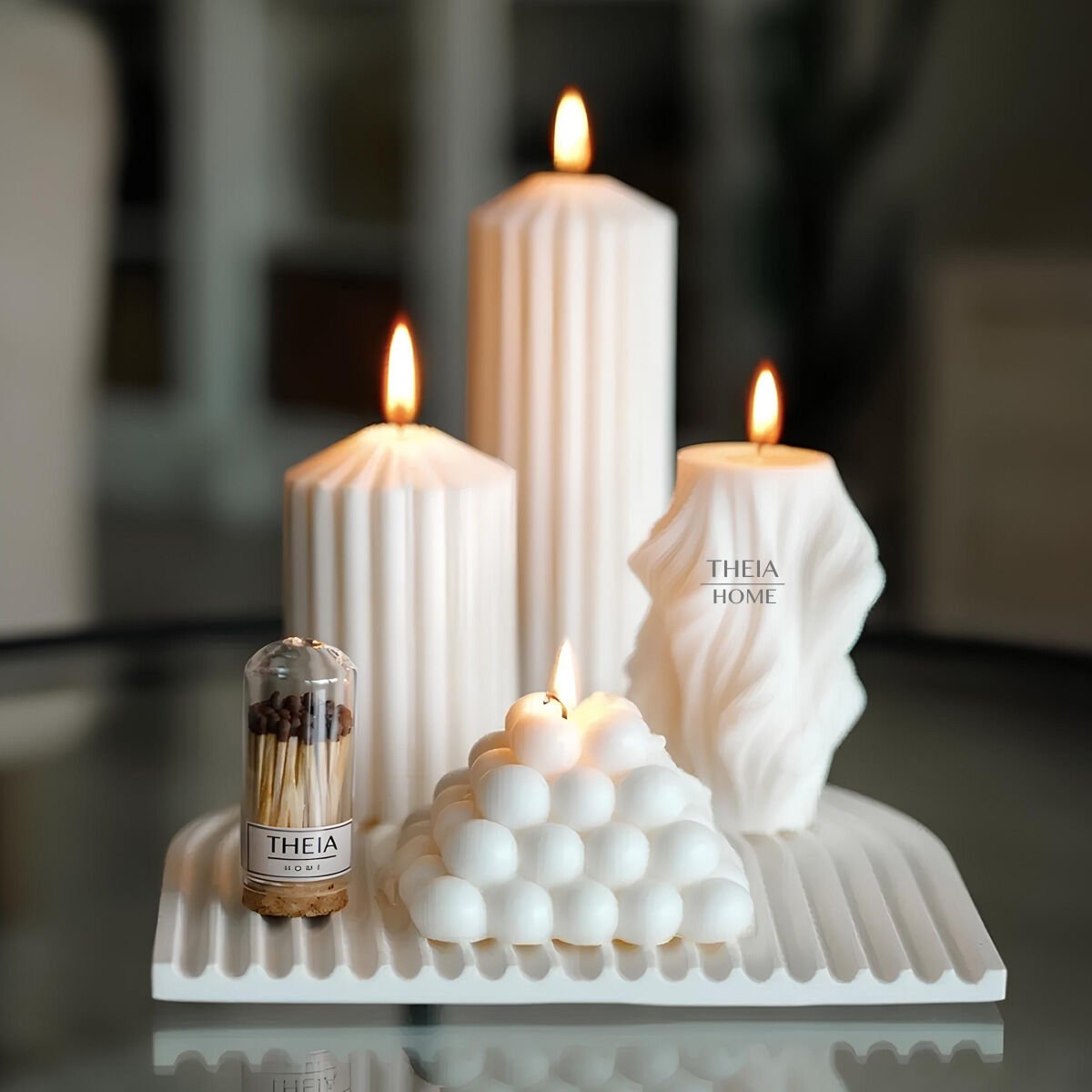 7’li Set Soya Mum Dekoratif Tabak ve Kibrit