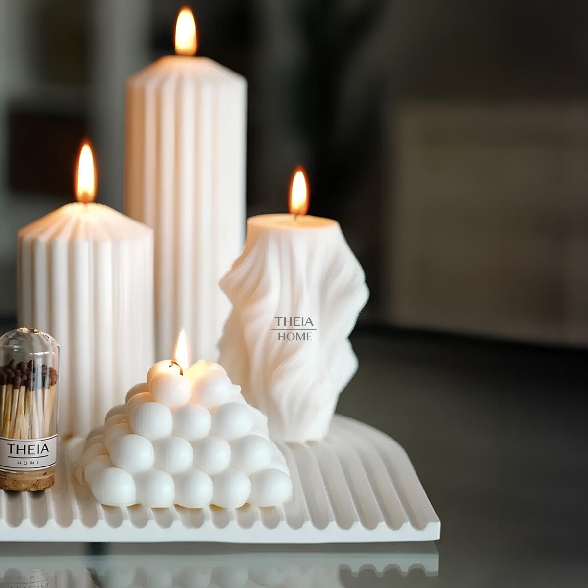 7’li Set Soya Mum Dekoratif Tabak ve Kibrit