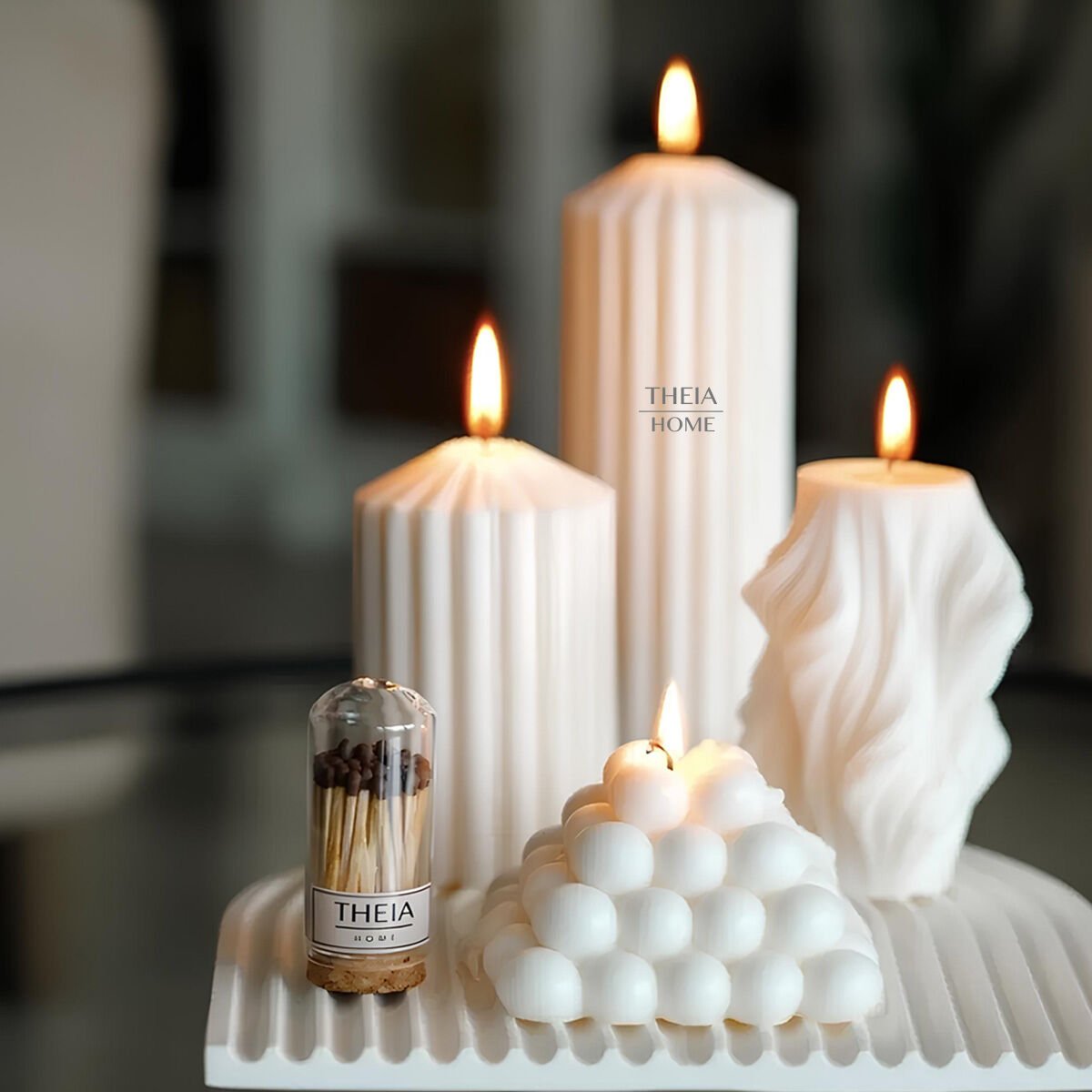 7’li Set Soya Mum Dekoratif Tabak ve Kibrit