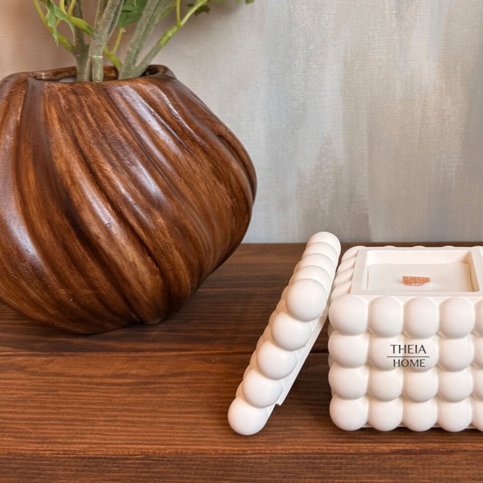 Kapaklı Bubble Model Ahşap Fitilli Vanilya Kokulu Soya Mum