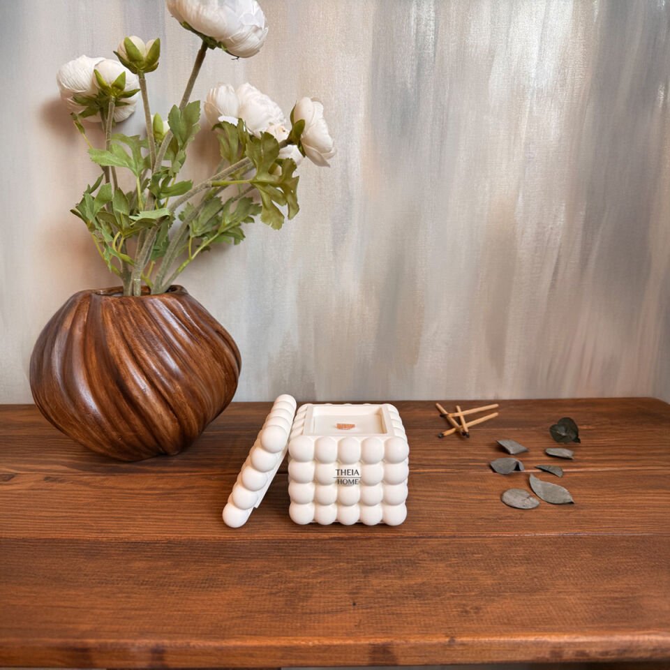 Kapaklı Bubble Model Ahşap Fitilli Vanilya Kokulu Soya Mum