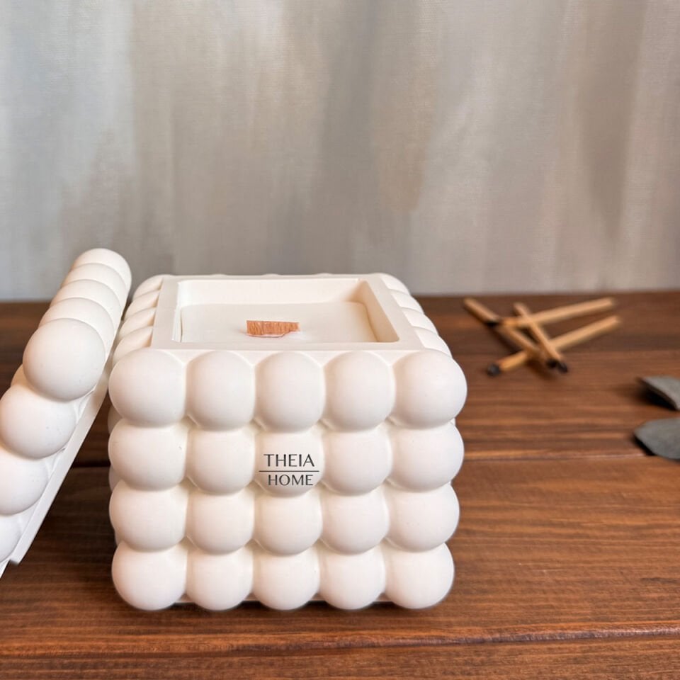 Kapaklı Bubble Model Ahşap Fitilli Vanilya Kokulu Soya Mum