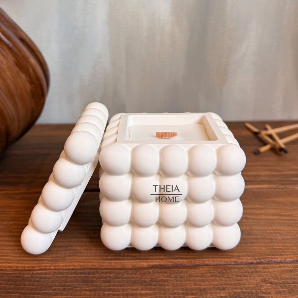 Kapaklı Bubble Model Ahşap Fitilli Vanilya Kokulu Soya Mum