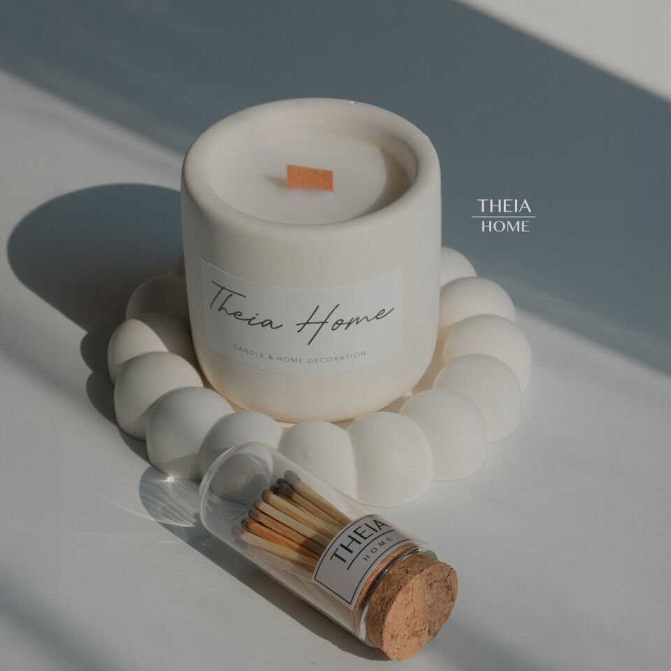 Beton Saksılı Soya Mum, Çiçek Tabak ve Kibrit Seti