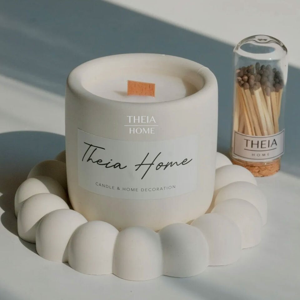 Beton Saksılı Soya Mum, Çiçek Tabak ve Kibrit Seti