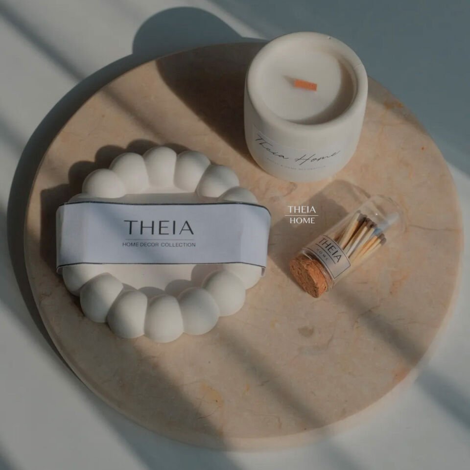 Beton Saksılı Soya Mum, Çiçek Tabak ve Kibrit Seti