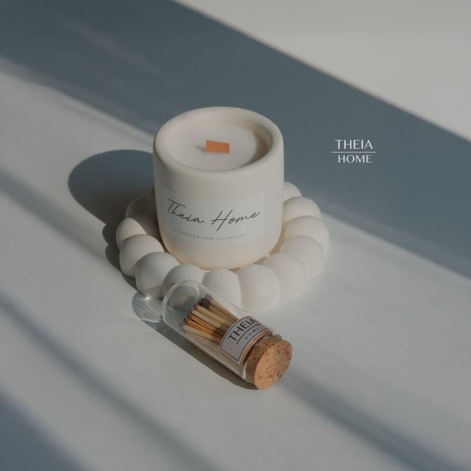 Beton Saksılı Soya Mum, Çiçek Tabak ve Kibrit Seti