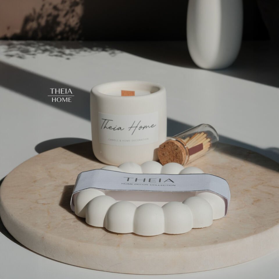 Beton Saksılı Soya Mum, Çiçek Tabak ve Kibrit Seti