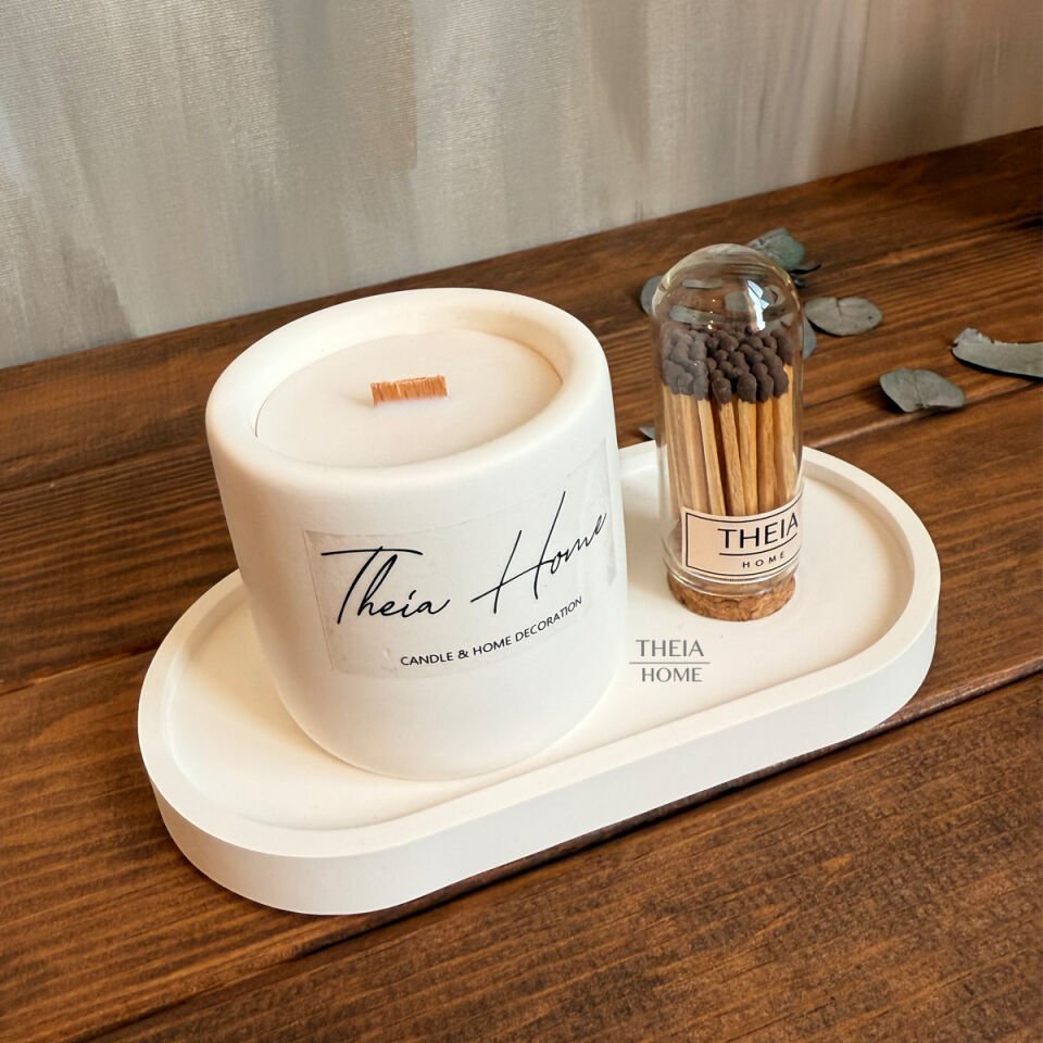 Beton Saksılı Soya Mum, Oval Tabak ve Kibrit Seti