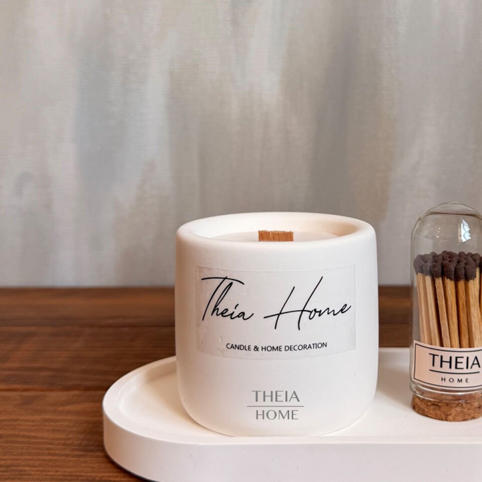 Beton Saksılı Soya Mum, Oval Tabak ve Kibrit Seti