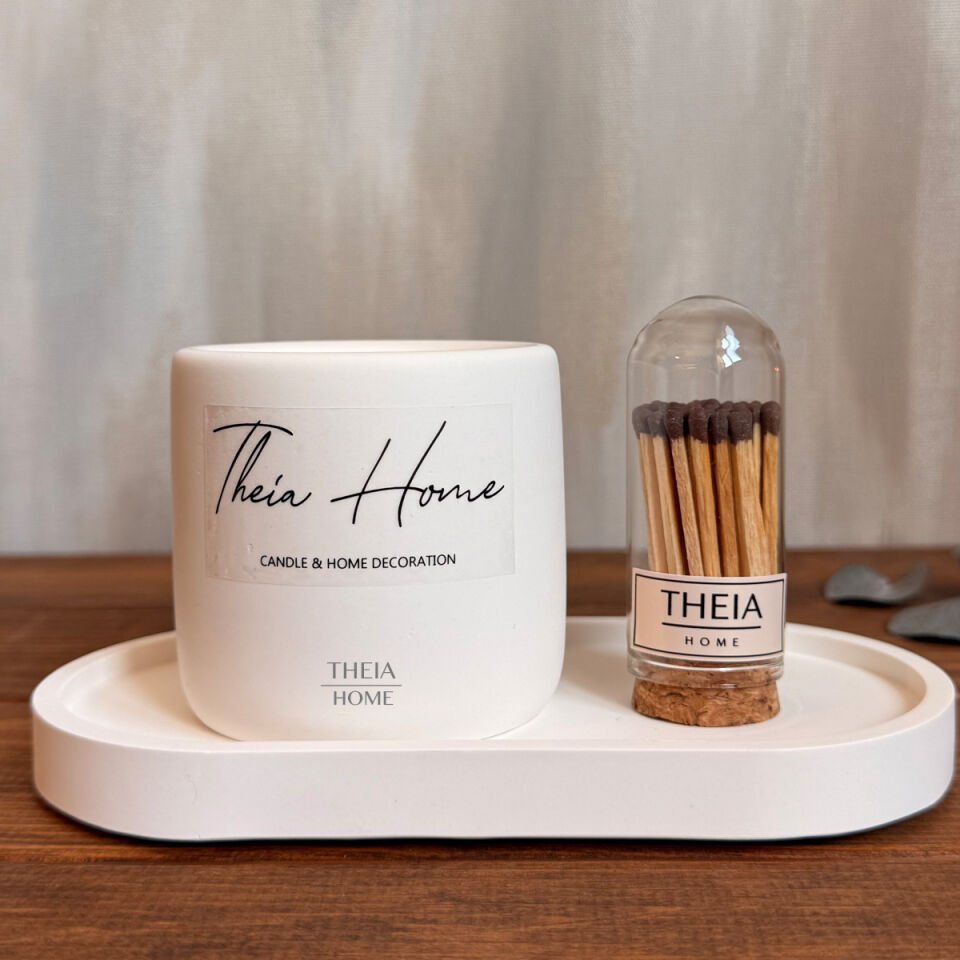 Beton Saksılı Soya Mum, Oval Tabak ve Kibrit Seti