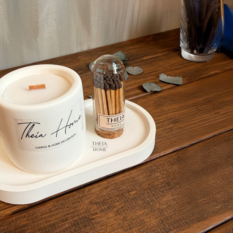 Beton Saksılı Soya Mum, Oval Tabak ve Kibrit Seti