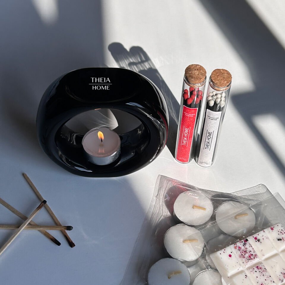 Siyah Buhurdanlık ve Mum Seti – 6’lı Tealight & Kibrit