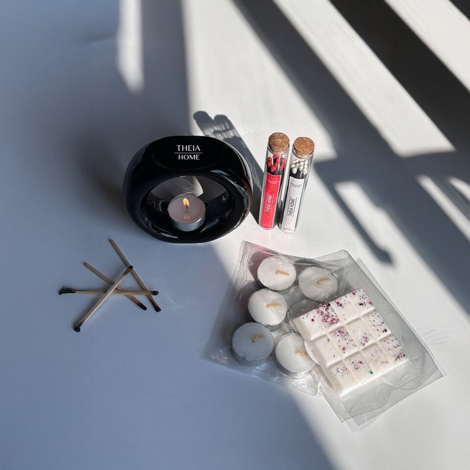 Siyah Buhurdanlık ve Mum Seti – 6’lı Tealight & Kibrit