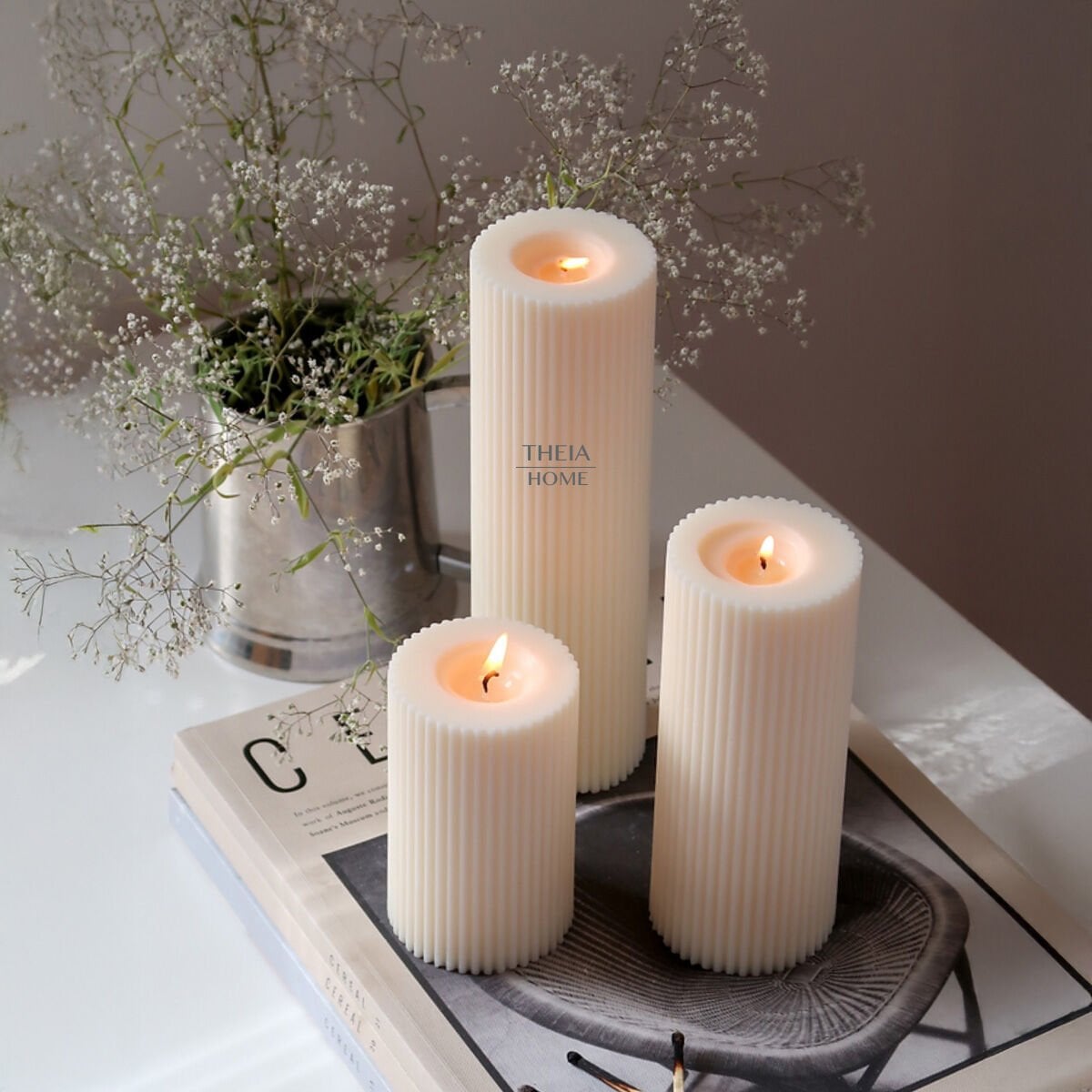 Sütun Model 3’lü Vegan ve Vanilya Kokulu Soya Mum Seti – Doğal Renk