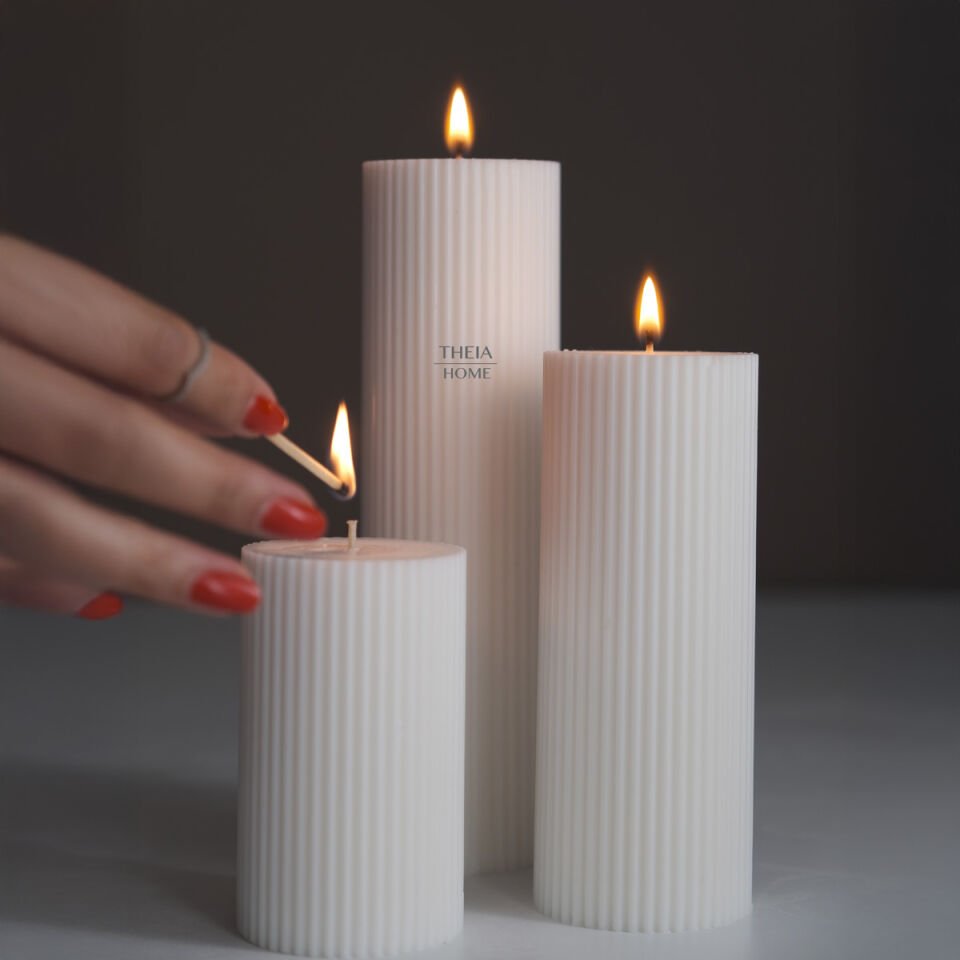 Sütun Model 3’lü Vegan ve Vanilya Kokulu Soya Mum Seti – Doğal Renk