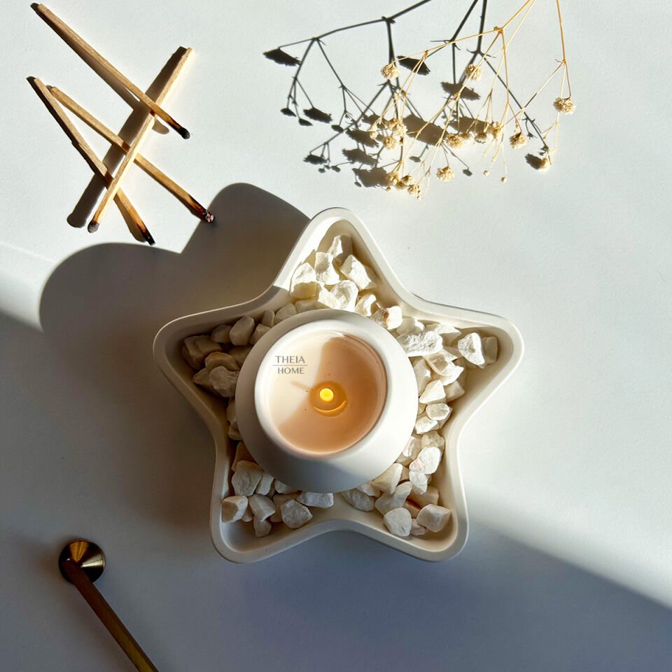 Yıldız Model Tabak ve Yuvarlak Mum Seti – Taş Detaylı